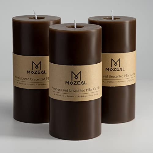 Mozeal 3 Inch X 6 Inch Hand-Poured Unscented Candle,Dripless Pillar Candle Set Of 3,Long Lasting Burning,Approx 120 Hours Burn Time,Rustic Country Style,For Wedding,Dinner,Christmas And Home Decor,Brown cover