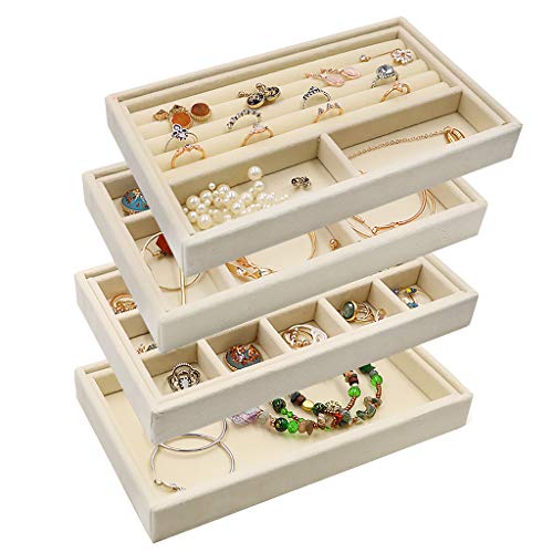 Velvet Jewelry Organizer Tray Stackable, Jewelry Storage Inserts Earring Holder Ring Box Necklace Case for Storage,Display Bracelet Brooch Watch Trays, Set of 4 (Beige)