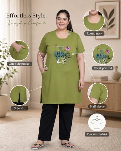 Image of In Love Women's Printed Cotton Plus Size Longline T-Shirt with Pockets | Cotton fabric - soft longline T-shirt with easy plus-size fit