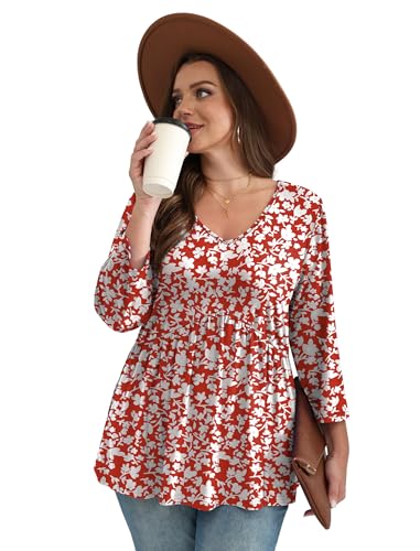 Image of OFEEFAN 3 /4 Length Sleeve Womens Tops 2026 Blouses for Women Dressy Casual Fashion Clothing V Neck Babydoll Tops Fall Outfits