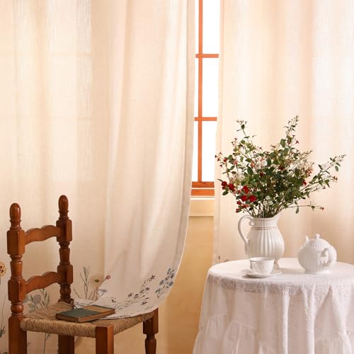 Image of Designer French Linen Printed Curtain,2 Panels,63 inchx65 inch-Serenity G | Vintage Elegant Curtains with Grommets 63 inches long,Light Beige Decor Draps,kitchen Bedroom Living Room Window