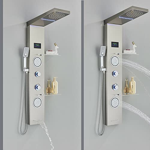Panel de ducha LED con torre, sistema de agua de lluvia y masaje corporal, acero inoxidable con estante miniatura 3