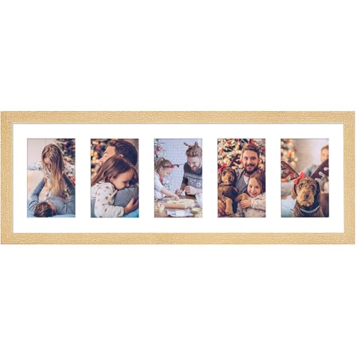 KSROECUD 8x24 Collage Frame with 5 Openings 4X6 Pictures, Multiple Picture Frame with Mat, Wall or Tabletop Decor, Natural Wood Grain (1 Pack)