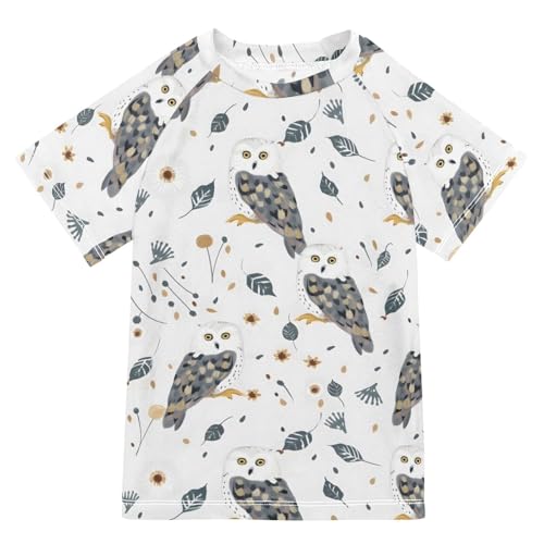 ALAZA Kids Rash Guard Boys Toddler Swim Shirts Short Sleeve Owl Bird White UPF 50+ 3T