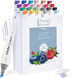 Ohuhu Alcohol Based Markers Slim Chisel and Fine Double Tipped Art Marker Set for Artists Adults Coloring Professional Designers - 24 Basic Colors - Kaala Series of Ohuhu Markers