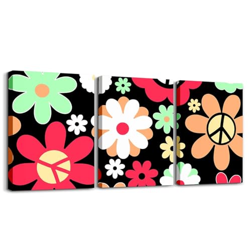 Feelyou Retro Hippie Flower Canvas Wall Art for Living Room 12"x16"x3 Piece Peace Art Picture Wall 60S 70S Groovy Vintage Floral Peace Sign Artwork Office Wall Artwork Posters Set Red Wall Painting