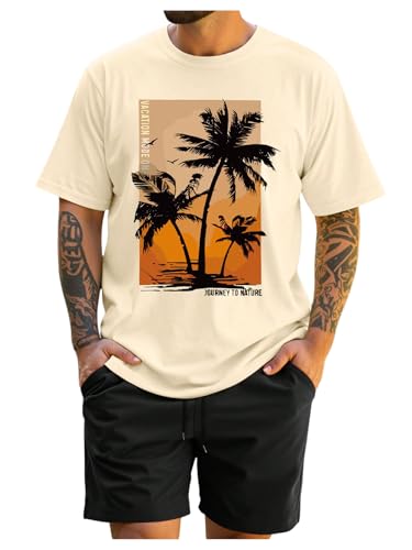 Men's Plus Size Track Suit 2 Piece Summer Outfits Tropical Crew Neck T Shirts and Shorts