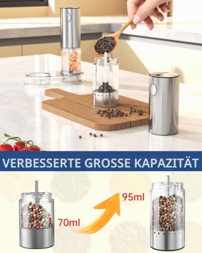 CIRCLE JOY Wiederaufladbares Elektrisches Salz und Pfeffermühlen Set aus Edelstahl mit Sockel mit 95ml Transparenter Behälter… – Ansicht 5