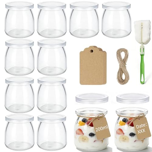 LEBOKJ 200 ml Durchsichtige Joghurtgläser mit Deckel 12 Stück transparente Dessertgläser(mit Etiketten und Bürste) Wiederverwendbare Mehrzweck dessertgläser für Marmelade Honig Kerzen & Kuchen