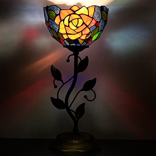 Rhlamps Small Tiffany Table Lamp 8" Stained Glass Rose Style Shade 19" Tall Antique Vintage Metal Leaf Base Mini Bedside Accent Desk Torchiere Uplight For Living Room Bedroom #TOP3