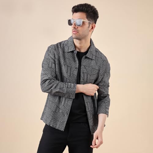 Image of Urban Scottish Men's Oversized Shacket,Cotton Jacquard, Long Sleeve Button Down Collared Shirt, Long Fit, Stylish Casual Outerwear, Jacket for Men - Black & Grey