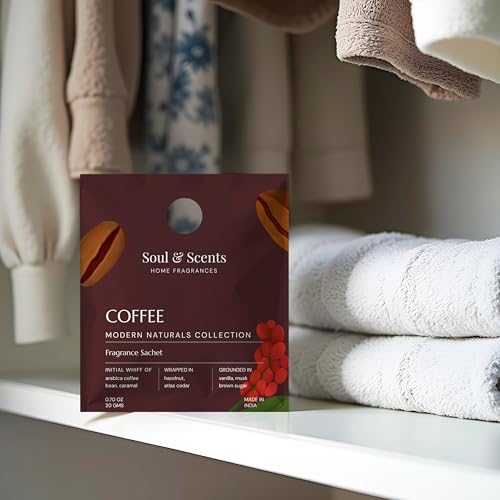 Image of Soul & Scents Coffee Fragrance Sachet | A Blend of Arabica Coffee, Caramel & Vanilla | Long-Lasting Air Freshener for Car, Wardrobe, Kitchen, and Travel Bag | Pack of 3-20gm Each