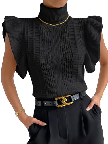 Image of GORGLITTER Women's Short Sleeve Sweater Vest Cable Knit Turtleneck Sleeveless Pullover Tank Tops