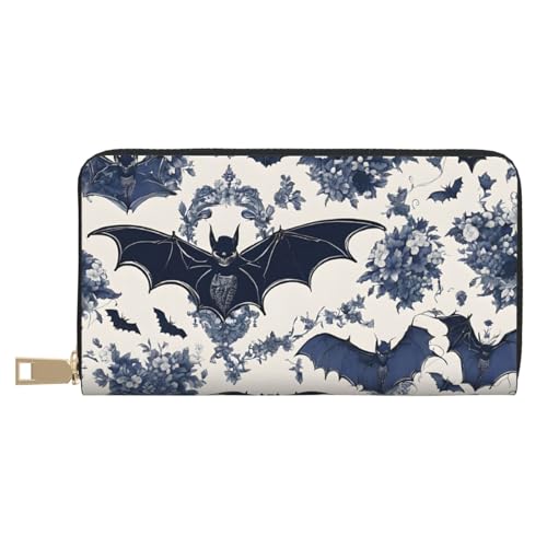 Leather Wallet for Women Ladies Novelty Printed Around Zipper Long Wallet Phone Purse Credit Card Holder, Bat pattern