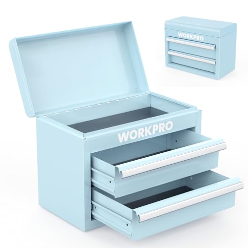 WORKPRO Mini Metal Tool Box with 2 Drawers and Top Storage, Small Tool Chest with PVC Liners and PP Feet Pads, Cold Rolled Steel Toolbox with Magnetic Tab