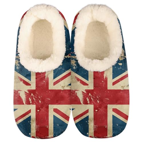 Vintage British Flag House Slippers for Women Men, Union Jack Fuzzy Soft Cozy Non Slip Slipper Socks