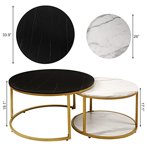 Image of NSdirect Nesting Coffee Table Set of 2,Round Coffee Tables Modern Circle Table for Living Room Accent End Side Table with Storage Open Shelf Wooden Top & Gold Sturdy Metal Frame(White&Black)