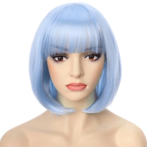 PORSMEER Short Light blue Bob Wigs with Fringe For Unisex Wo