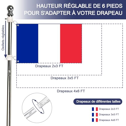 Kit mât de drapeau 180 cm aluminium argenté avec support mural acier inoxydable fixe - 5