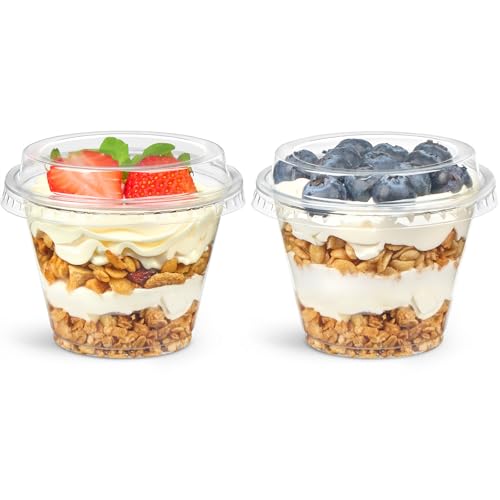 Jycnolm 50 Pack 6 oz Plastic Dessert Cups with Lids Small Plastic Yogurt Parfait Cups Mini Round Party Serving Cup for Pudding Fruit Cake Appetizer Dessert Shot Glasses