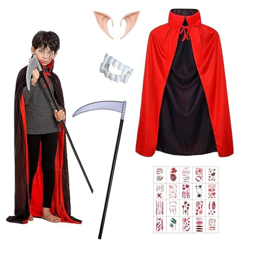 Augesak Vampire Cape Halloween Bambino Con Colletto,Mantello Vampiro Bambini-Nero E Rosso Double Sided,Costumi Vampiro Per Bambino,per Halloween - Foto 5