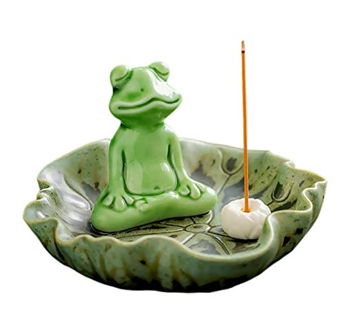 Fkog Cute Ceramic Frog Incense Holder For Sticks, Tree Frog Yoga Meditation Incense Sticks Holder, Lotus Leaf Incense Burner With Ash Catcher For Massages Aromatherapy (Green) #TOP30