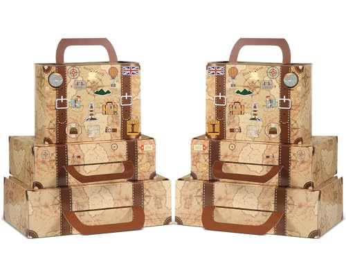 6 PCS Large Vintage Suitcase Decor Luggage Party Favor Travel Party Decor Cardboard Suitcases Gift Boxes Set 3 Sizes Vintage Stackable Storage Chests for Adventure Birthday Wedding Photo Booth Supply