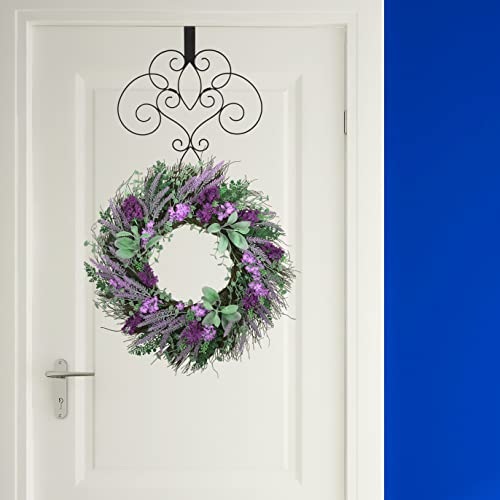 Haute Decor 18-inch Strong Metal Scrollwork Over The Door Wreath Hanger, Full Ornate Scroll Design - Matte Black Finish - Easily Holds Large and Heavy Wreaths and Swags