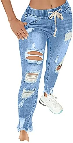 KUNMI Women High Waist Skinny Stretch Ripped Jeans Destroyed Denim Pants Plus Size… Light Blue