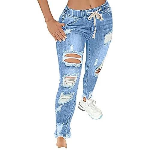 KUNMI Women High Waist Skinny Stretch Ripped Jeans Destroyed Denim Pants Plus Size