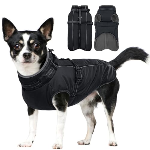 Lelepet Small Dog Coat With Harness - Warm Waterproof Fleece Jacket, Winter Reflective Vest Snow Suit for Yorkshire Papillon - Black S