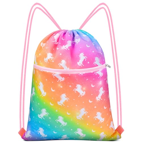 Drawstring Backpack String Bag for Kids, Girls Gym Sackpack Cinch Water Resistant Nylon for Gym Shopping Swimming Sport Yoga, Unicorn