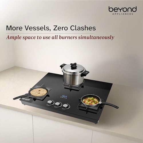 Image of Beyond Appliances Solaria 3 full Brass Burner Smart Gas Stove Auto Ignition | Digital Timer | Flame Failure Device | Toughened Glass | ISI Certified | LPG & PNG Compatible Cooktop | ISI Certified