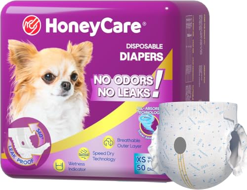 Image of HONEY CARE All-Absorb Disposable Female Dog Diapers Extra Small Size, Improved, Super Absorbent, Breathable, Wetness Indicator, 50 Count (Pack of 6)