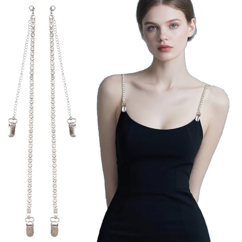 JINGSHIYUAN 2 pairs of Rhinestone shoulder strap clip button adjustable metal underwear with bra strap (Black and transparent)