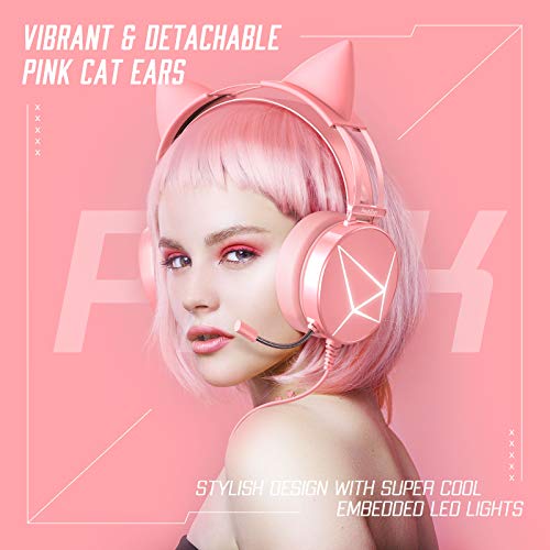 PeohZarr Pink Gaming Headset PS4 Headset Xbox One Headset, PC Headset with LED Lights, Detachable Cat Ear Headphones, Compatible with Xbox One Controller(Adapter Not Included), PS4, PS5