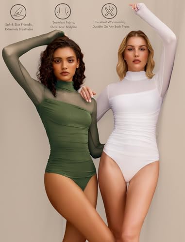 Image of Avidlove Women Long Sleeve Bodysuit Turtle Neck Shapewear Body Suits Mesh One Piece Leotard Shirt Going Out Tops Fall Outfits