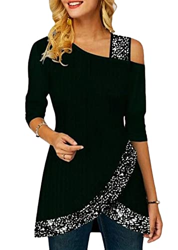 ORANDESIGNE Damen Glitzer Shirt Langarm Bluse One Shoulder Oberteile Schön...