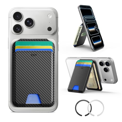 ESR Carteira MagSafe, suporte para 5 cartões, bloqueio RFID, carteira magnética para iPhone com suporte ajustável, fina para iPhone 16/15/14/13/12, não serve para mini, couro vegano, fibra de carbono