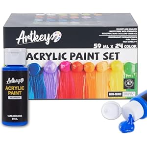 Artkey – Juego de pintura acrílica para artistas profesionales, 24 colores de 2 oz/59 ml para lienzos, tela, piedra, cuero, huevo de Pascua, madera, cerámica, vidrio, manualidades, pintura