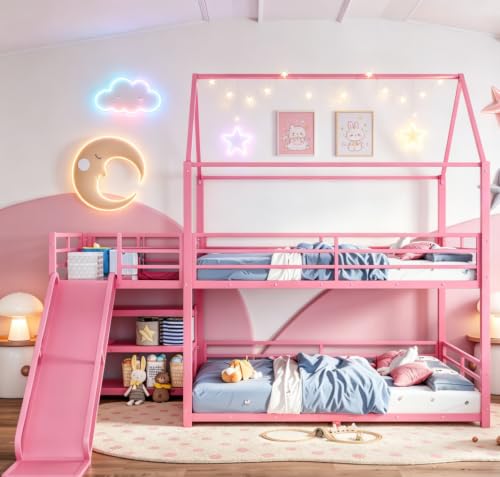 Image of Bellemave Metal Bunk beds Full Over Full with Slide and Storage Stairs, House Floor bunk Bed with guardrail for Kids,Pink