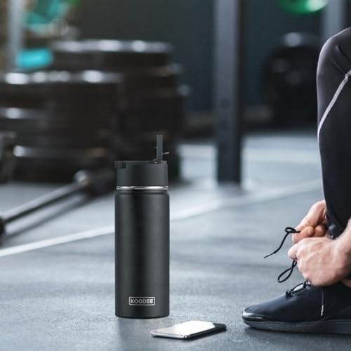 Image of koodee Insulated Water Bottle, 18 oz Stainless Steel Vacuum Wide Mouth Sports Water Bottle with Leak Proof Straw Lid (Black)