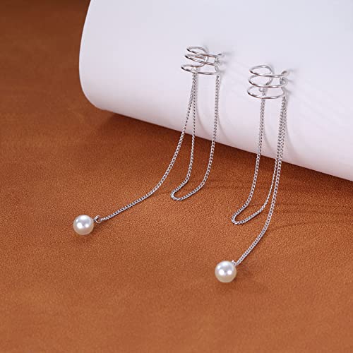 SLUYNZ 925 Sterling Silver No Piercing Cuff Earrings Chain for Women Wrap Earrings Pearl Tassel Clip On Ear4