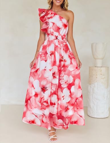 Image of ZESICA Women's 2026 Summer Floral Sleeveless Maxi Dress | One Shoulder, Sleeveless, Ruffle, High Waist, Beach Wedding Guest, Vacation, Graduation, Bridal Shower, Boho Long Dresses