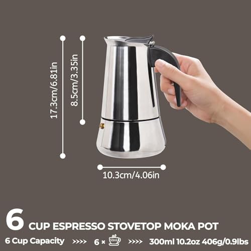 Image of Humongous 6 Cup Stovetop Maker Stainless Steel Moka Pot Maker Percolator Italian Coffee Maker Capable Mocha Coffee Machine Cafe Classic Maker for Home and Camping 300ml 10oz