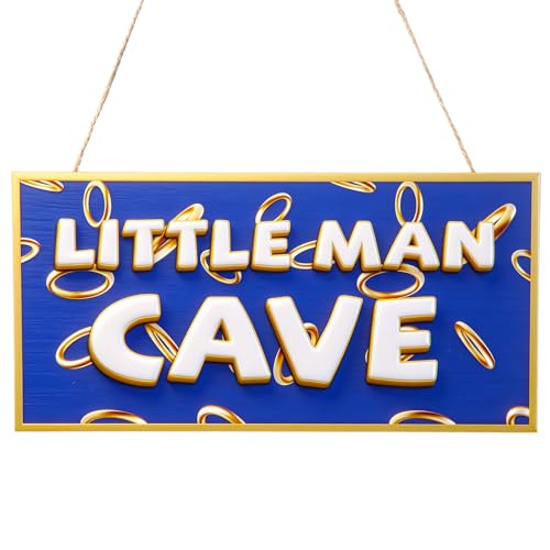 Qunclay 11.8 x 6 Gold Ring Door Signs Wooden Room Hanging Decor Little Man Cave Signs with Rope Wall Art Room Decoration for Party Play Space