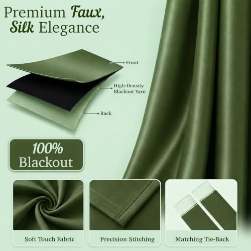 Image of 100% Blackout Window Curtains, 5 Feet, Solid Design, Faux Silk, Thermal Insulated, Noise Reducing Eyelet Door Curtain with Tie Back for Living Room & Bedroom, 115x150cm, Pack of 1 - Green