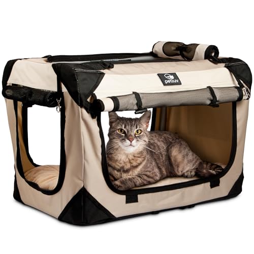 PetLuv Soothing Happy Cat Medium - Large Premium Soft Sided Cat Carrier & Travel Crate w/Locking Zippers Plush Nap Pillow 4X Interior Room 4 Windows Sunroof Folds Flat Washable Reduces Anxiety