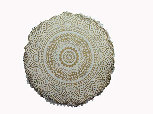 32" Gold Mandala Barmeri Large Floor Pillow Cover Cushion Meditation Seating Ottoman Throw Cover Hippie Decorative Zipped Bohemian Pouf Ottoman Poufs, Pom Pom Pillow Cases (White Gold, 32" Round) #TOP4