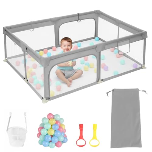 GYCS Parque para Niños con Succionadores, Gran Parque con Rejilla De Protección, Parque Infantil, Gran Parque Bebe, para Interior Y Exterior, con Base Antideslizante,Light Gray,150X200X60CM